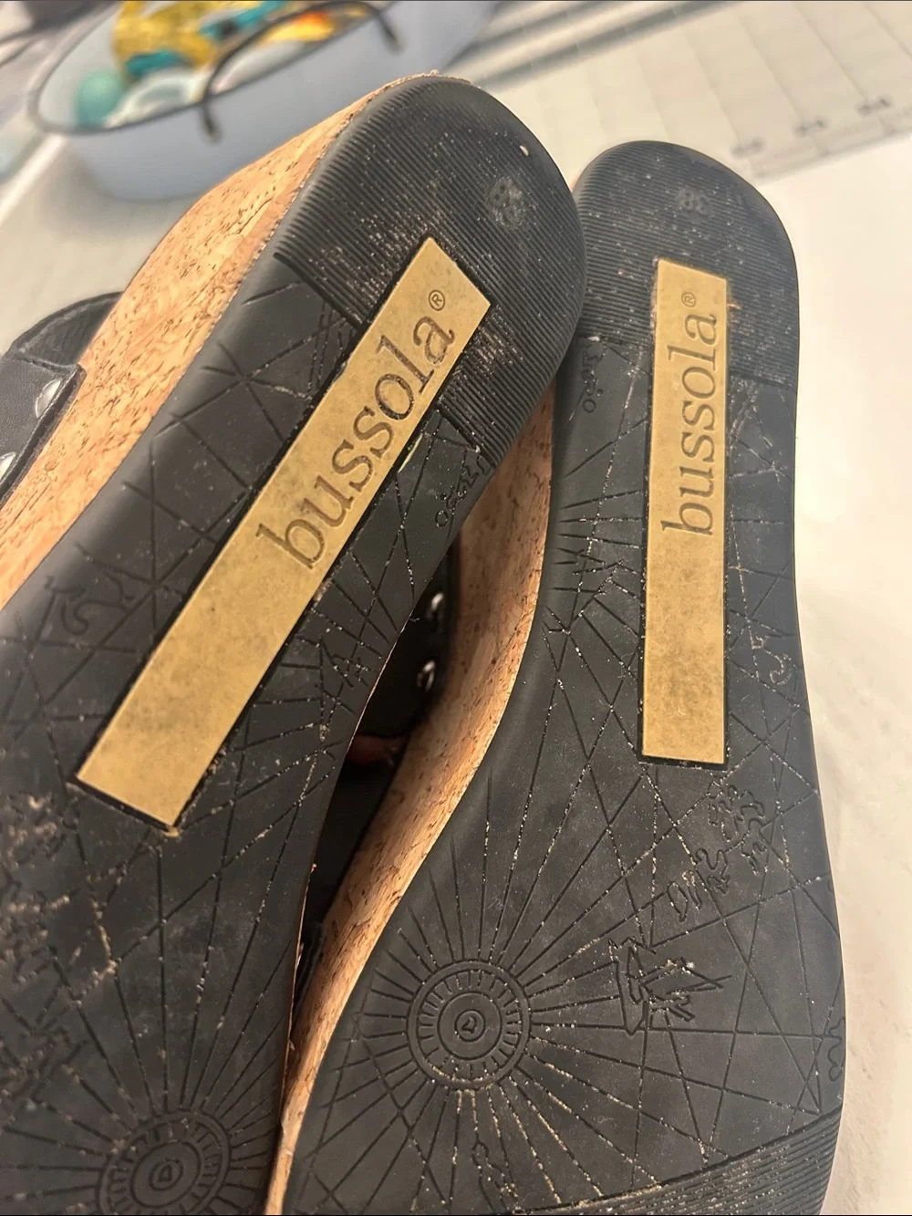 bussola Black Leather Cork Wedge Sandals
